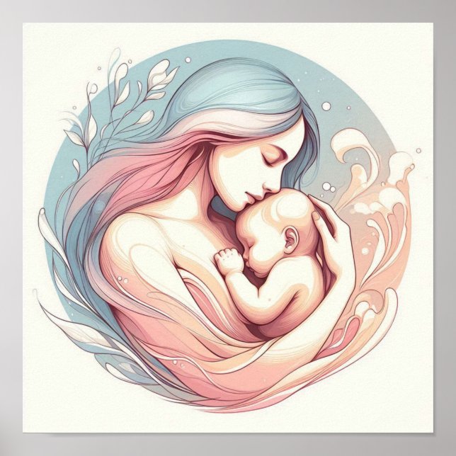 Minimalistische Pastel Mama mit Baby Poster (Vorne)