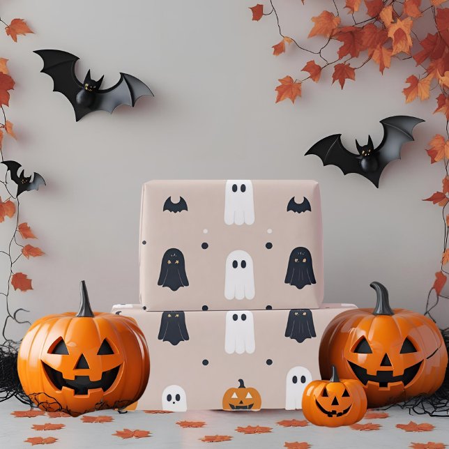 Minimalistische Pastel Pink Ghost & Pumpkin Hallow Geschenkpapier (Von Creator hochgeladen)