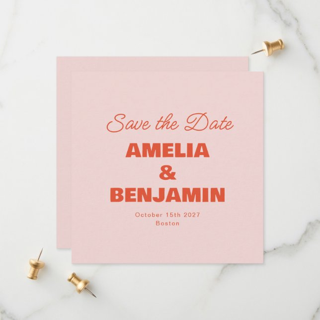 Minimalistische Pastel Rosa Retro Foto Hochzeit Save The Date (Vorderseite/Rückseite Beispiel)
