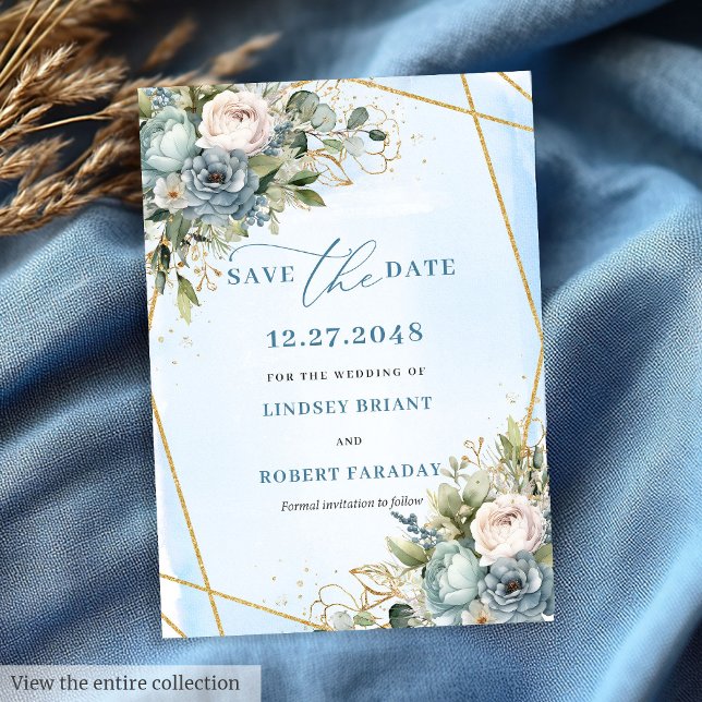 Minimalistische Pastellblauer Weißer Golden Peony  Einladung (Minimalist Pastel Blue White Gold Peonies Save The Date)