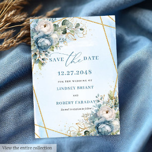 Minimalistische Pastellblauer Weißer Golden Peony Einladung