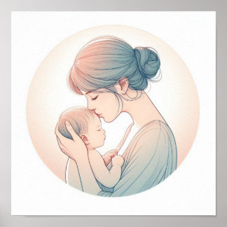 Minimalistische Pastellkunst von Mama mit Baby Poster
