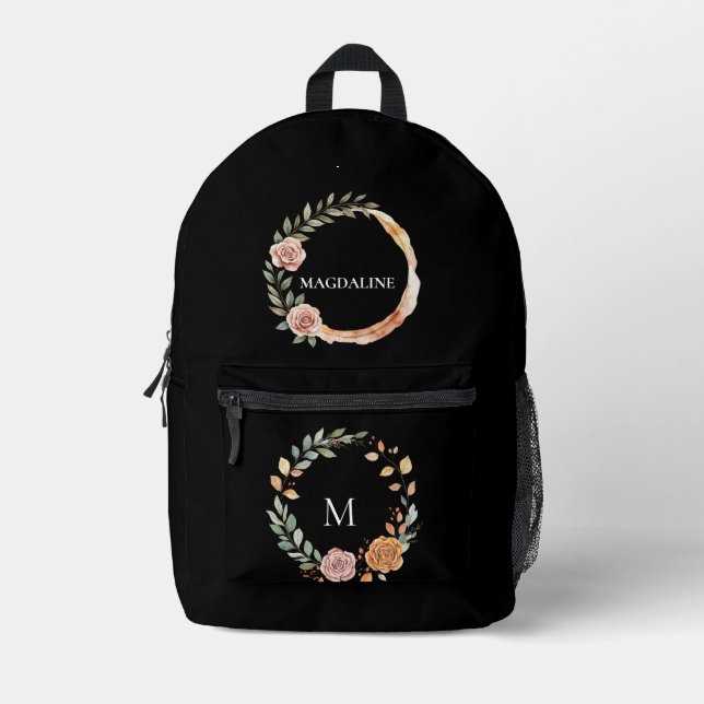 Minimalistische Personalisierte Floral Monogramm Bedruckter Rucksack (Vorderseite)