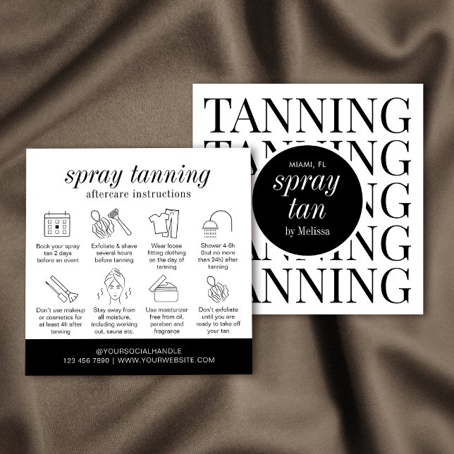 Minimalistische Pflegekarte des modernen Spray Tan Quadratische Visitenkarte (Spray tan aftercare cards with care icons and space for your logo and contact details)