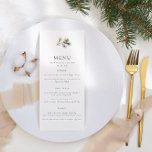 Minimalistische Pine Blätter & Pine Cones Winterho Menükarte<br><div class="desc">Elegante Wintermenüs mit einem Kiefernzweig mit Kiefernzapfen. Personalisieren Sie mit Ihren Namen und Hochzeitsdatum und Menü.</div>