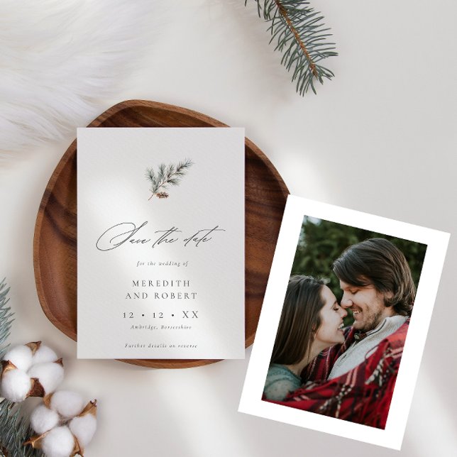Minimalistische Pine Branch Winter Script Foto Hoc Save The Date (Von Creator hochgeladen)