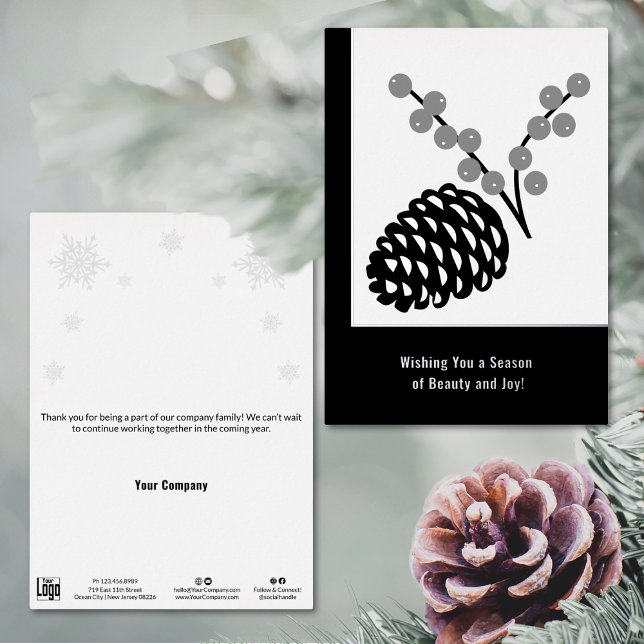 Minimalistische Pine Cone Fox Business-Urlaubskart Folieneinladung (Minimalist Pine Cone Foil Business Holiday Card, Black & White)