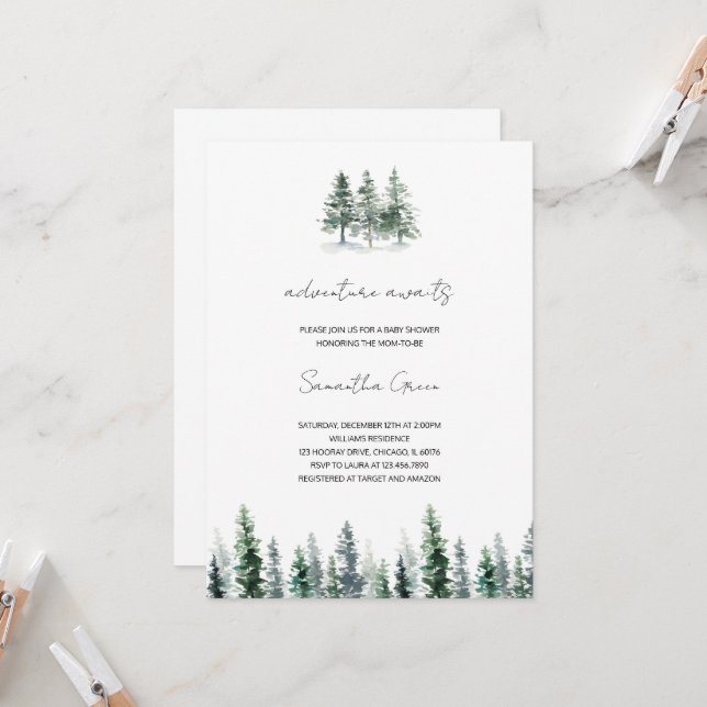 Minimalistische Pine Tree Kinderdusche Einladung (Vorderseite/Rückseite Beispiel)