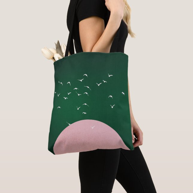 Minimalistische Pink Moon mit Vögeln Moderne Kunst (Von Nahem)