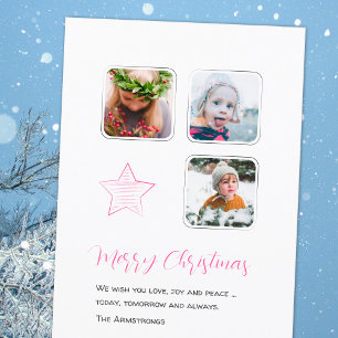 Minimalistische Pink Star Schrift Drei Foto Feiertagskarte