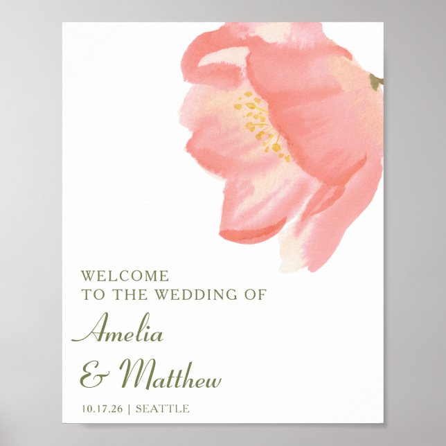 Minimalistische Pink Watercolor Blumenhochzeit Beg Poster (Vorne)