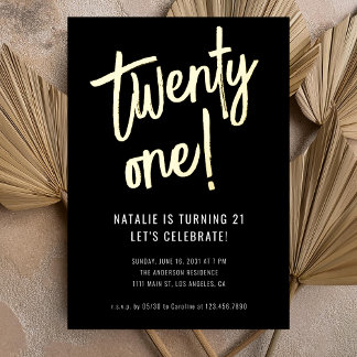 Minimalistische Pinselschrift Black Gold 21. Gebur Folieneinladung