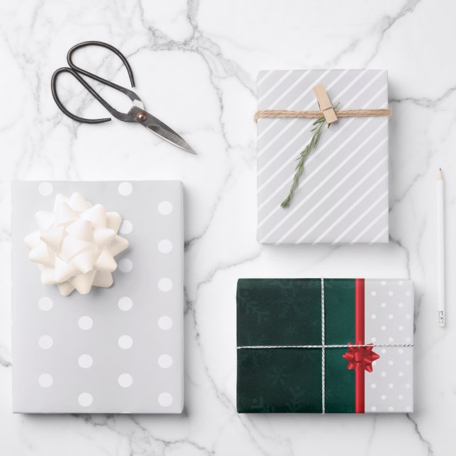 Minimalistische Polka Dots Streifen Weihnachten Gr Geschenkpapier Set (Vorderseite)