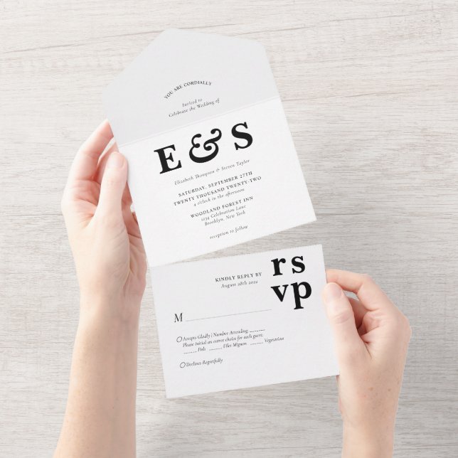 Minimalistische Präp Chic Schwarz-weiß Monogramm H All In One Einladung (Abreißen)