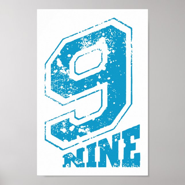Minimalistische Retro Typografie Blue Number Nine Poster (Vorne)