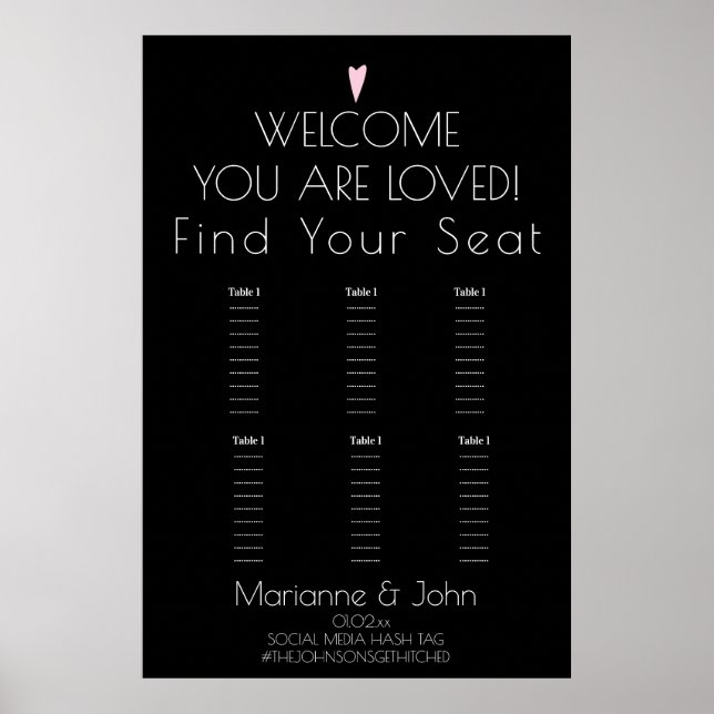 Minimalistische romantische Herz-Hochzeitstabelle Poster (Vorne)