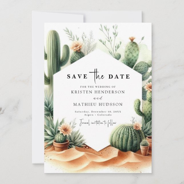 Minimalistische romantische Kakteen Wedding Save The Date (Vorderseite)