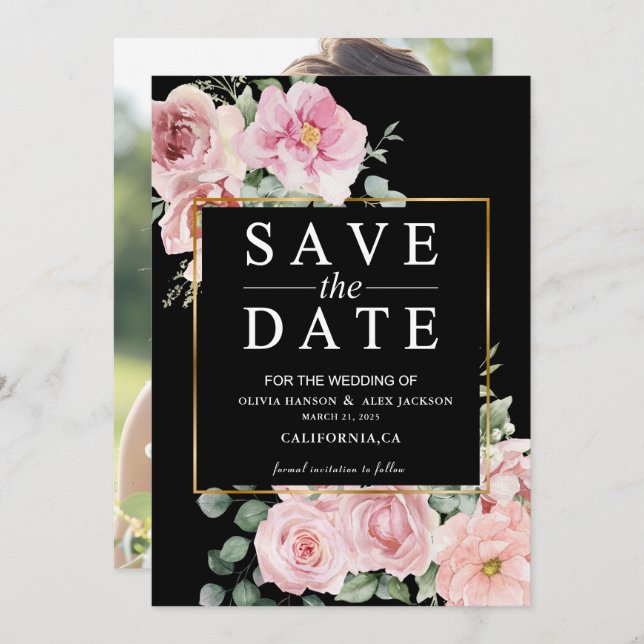 Minimalistische rosa Blume Foto Black Wedding Save The Date (Vorne/Hinten)