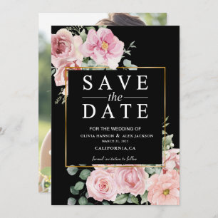 Minimalistische rosa Blume Foto Black Wedding Save The Date
