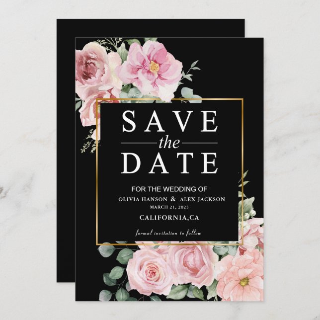 Minimalistische rosa Blume Foto Black Wedding Save The Date (Vorne/Hinten)