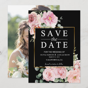 Minimalistische rosa Blumen Foto Schwarze Hochzeit Save The Date