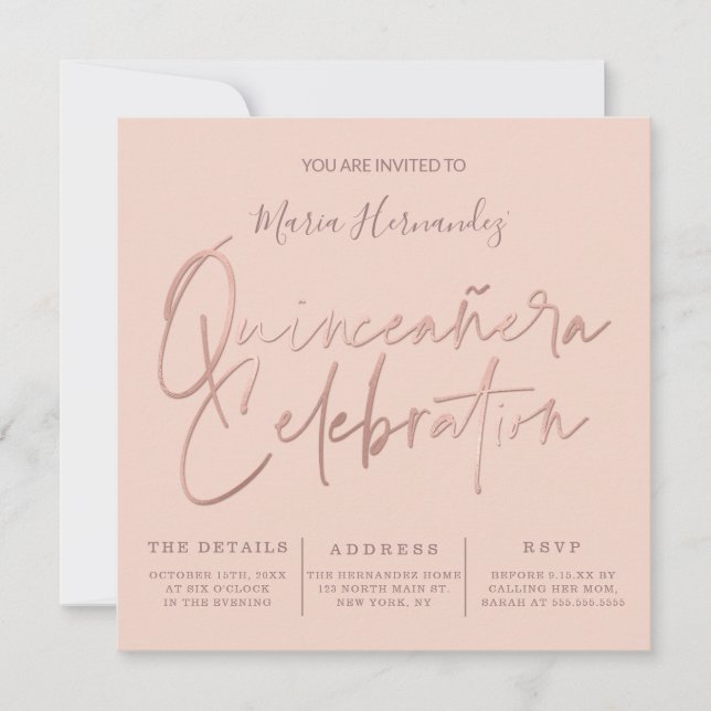 Minimalistische Rosa-Gold-Typografie Quinceañera Einladung (Vorderseite)