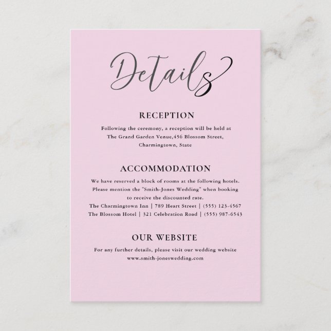 Minimalistische Rosa Hochzeitsdetails Begleitkarte (Vorderseite)