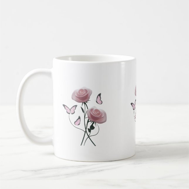 Minimalistische rosa Rose Schmetterling Klassische Kaffeetasse (Links)