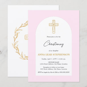 Minimalistische rosa und goldene Kreuz-Taufe Einladung