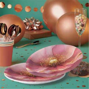 Minimalistische rosa und goldene Mohn-Hochzeit Pappteller