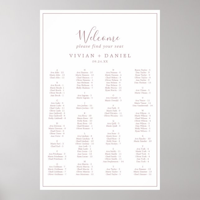 Minimalistische Rose Gold Alphabetischer Sitzplan Poster (Vorne)