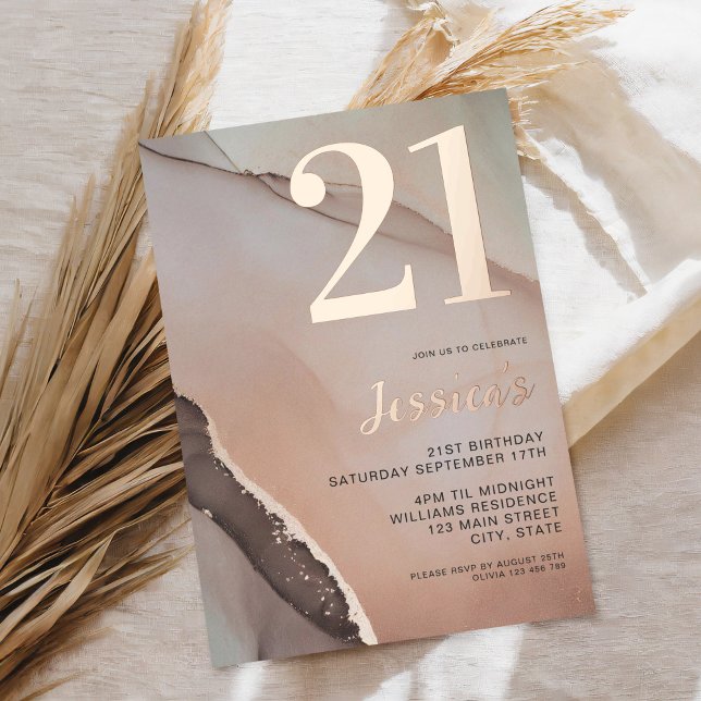 Minimalistische Rose Gold Chic Wasserfarbe 21. Geb Folieneinladung (Von Creator hochgeladen)