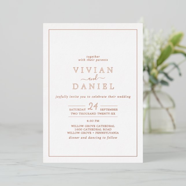 Minimalistische Rose Gold Foil Styled Date Wedding Folieneinladung (Stehend vorne)