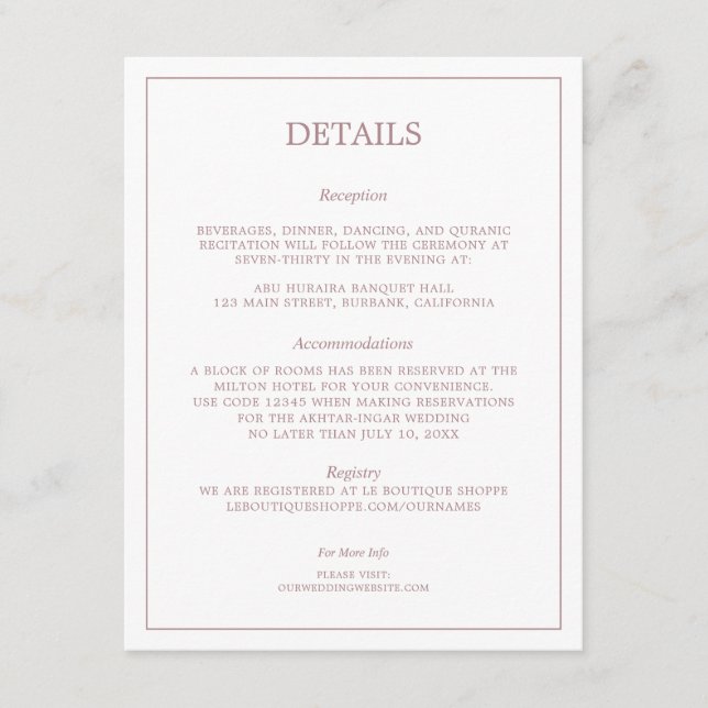 Minimalistische Rose Gold-Hochzeitdetails Begleitkarte (Vorderseite)