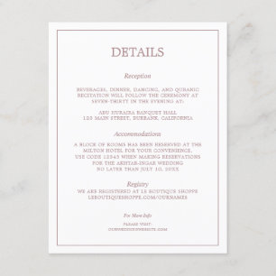 Minimalistische Rose Gold-Hochzeitdetails Begleitkarte