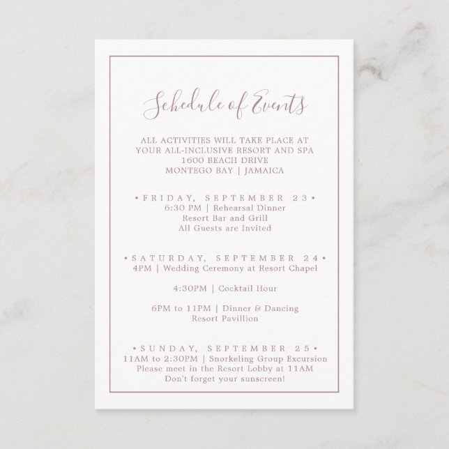Minimalistische Rose Gold Hochzeitsprogramm Begleitkarte (Vorderseite)