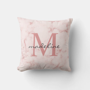 Minimalistische Rose Gold rosa Marmormonogramm Kissen
