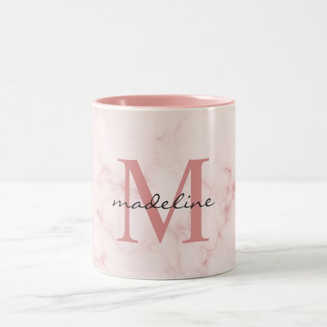 Minimalistische Rose Gold rosa Marmormonogramm Zweifarbige Tasse (Mittel)