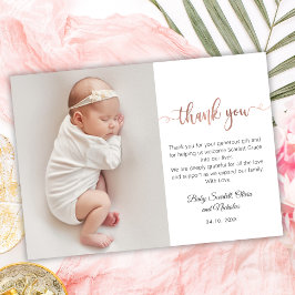 Minimalistische Rose Gold Script Baby Foto Vielen Dankeskarte