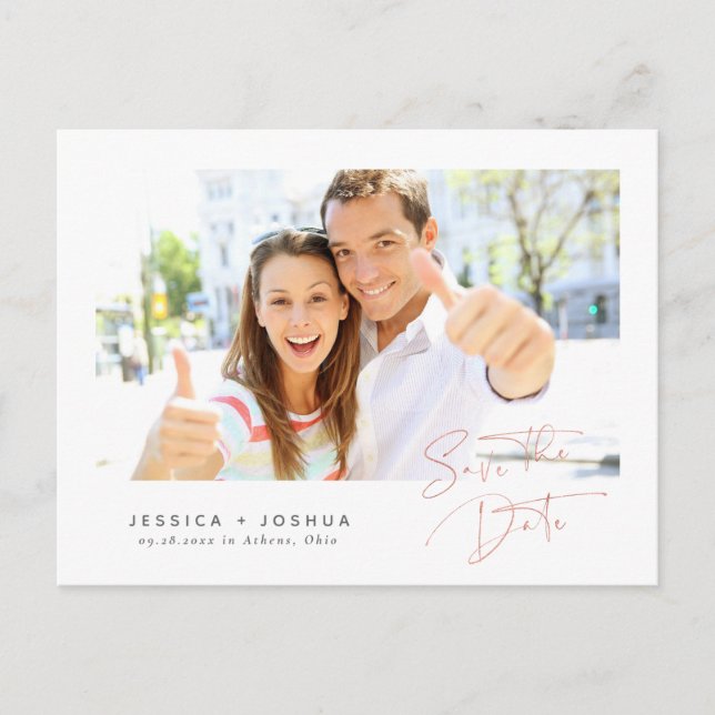 Minimalistische Rose Gold Script Foto Save the Dat Postkarte (Vorderseite)