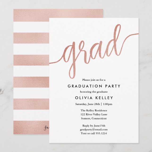 Minimalistische Rose Gold Script Graduation Party Einladung (Vorne/Hinten)