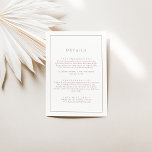 Minimalistische Rose Gold Typografie Hochzeitdetai Begleitkarte<br><div class="desc">Diese minimalistische Rose Gold Typografie Hochzeitsdetails Gehäuse Karte ist ideal für eine einfache Hochzeit. Das moderne romantische Design besticht durch die klassische Rose mit goldweißer Typografie. Anpassbar in jeder Farbe. Behalt das Design einfach und elegant,  wie es ist,  oder personalisiere es durch Hinzufügen von eigenen Grafiken und Kunstwerken.</div>