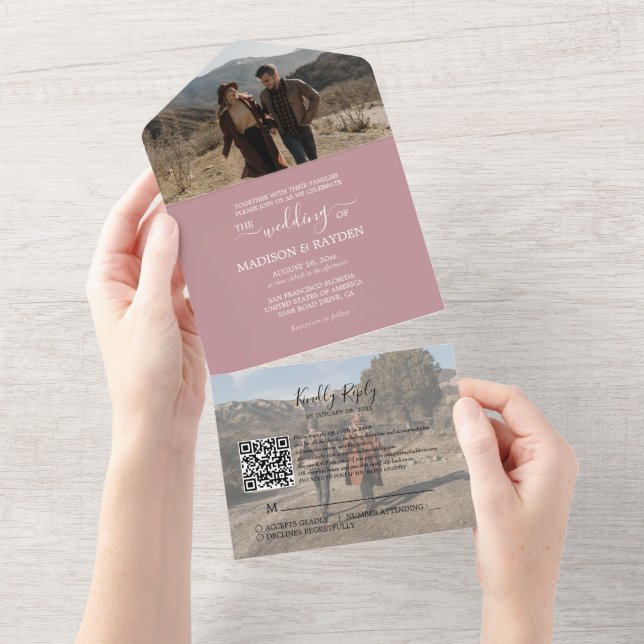 Minimalistische Rose Rosa QR Code UAWG Wedding All In One Einladung (Abreißen)