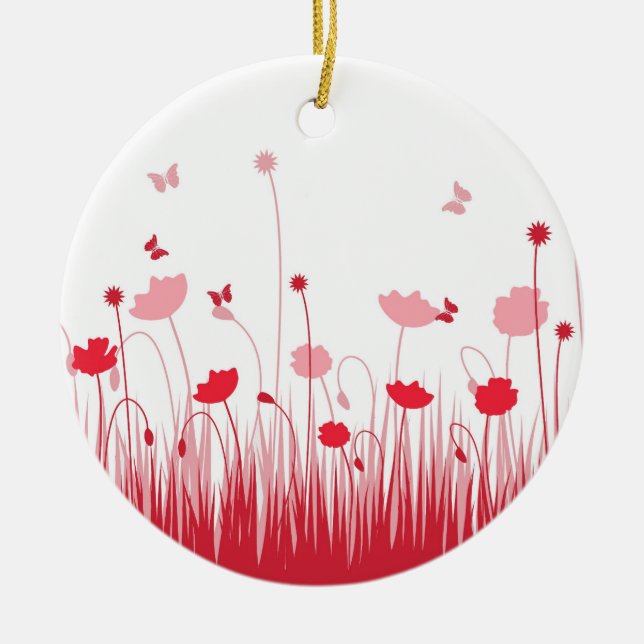 Minimalistische Rot- und Weißblüten Keramik Ornament (Vorne)