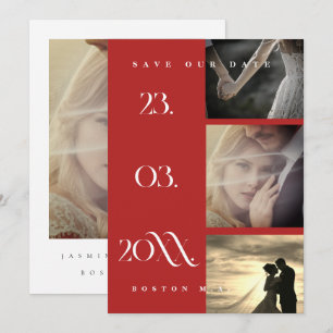 Minimalistische rote Drei-Foto-Hochzeit Save-the-D Save The Date