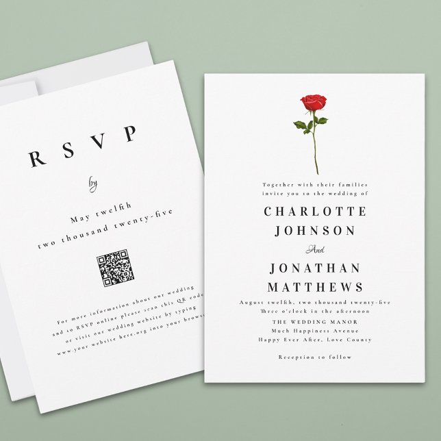 Minimalistische Rote Rose Eleganter moderner QR-Co Einladung (Single red rose watercolor elegant modern wedding qr code invitation )