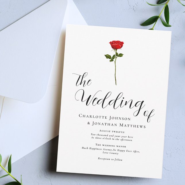 Minimalistische Rote Rose Elegantes Skript Einladung (Single red rose elegant script minimalist wedding invitation Watercolor floral modern calligraphy )
