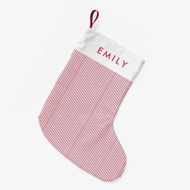 Minimalistische rote Streifen Personalisierter Nam Kleiner Weihnachtsstrumpf (Vorderansicht (hängend))