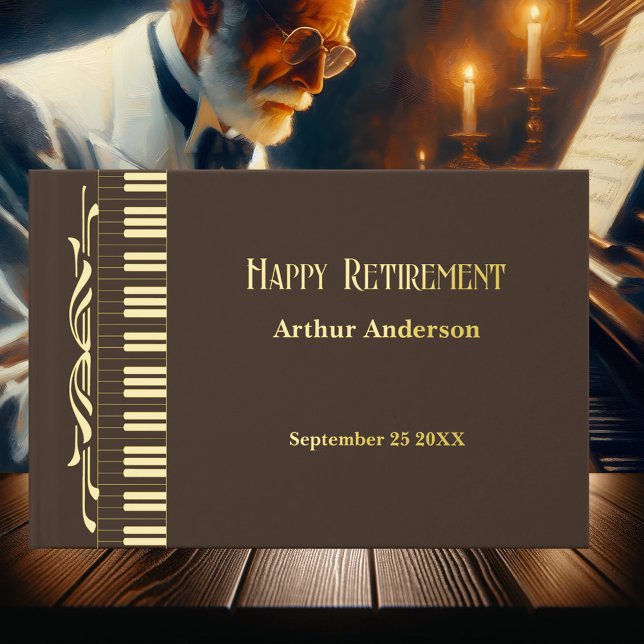 Minimalistische Ruhestandsmusiktastatur Real Foil Gästebuch (Retirement guest book showing a music keyboard with art deco style design and your text in real foil)