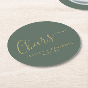 Minimalistische Sage Green Gold Custom Wedding Runder Pappuntersetzer